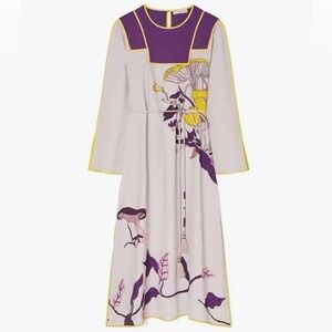 Tory Burch Mushroom Party Trapunto Dress sz 6 Beaded Tassel Belt Caftan Bird